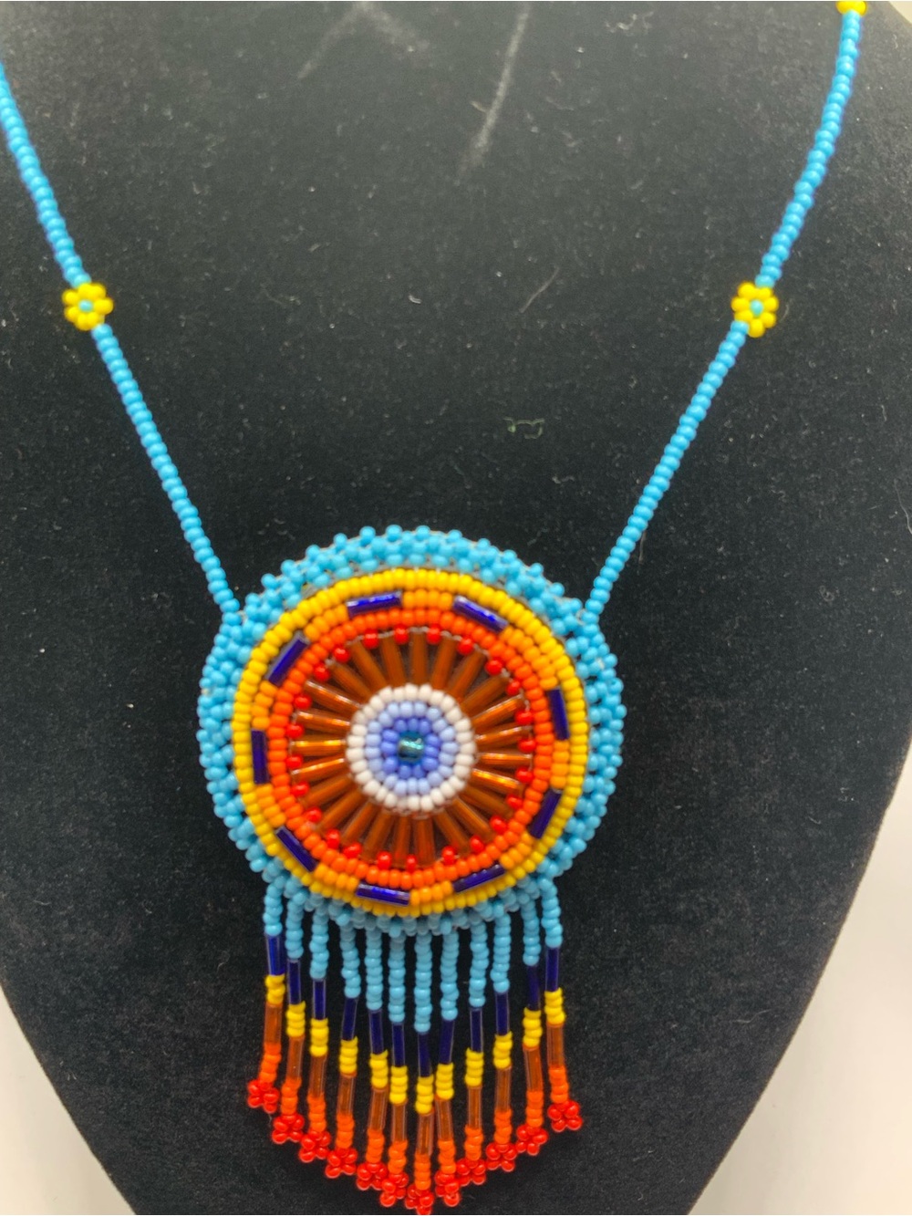 Handmade Blue & Multicolor Seed Bead Fringe Necklace